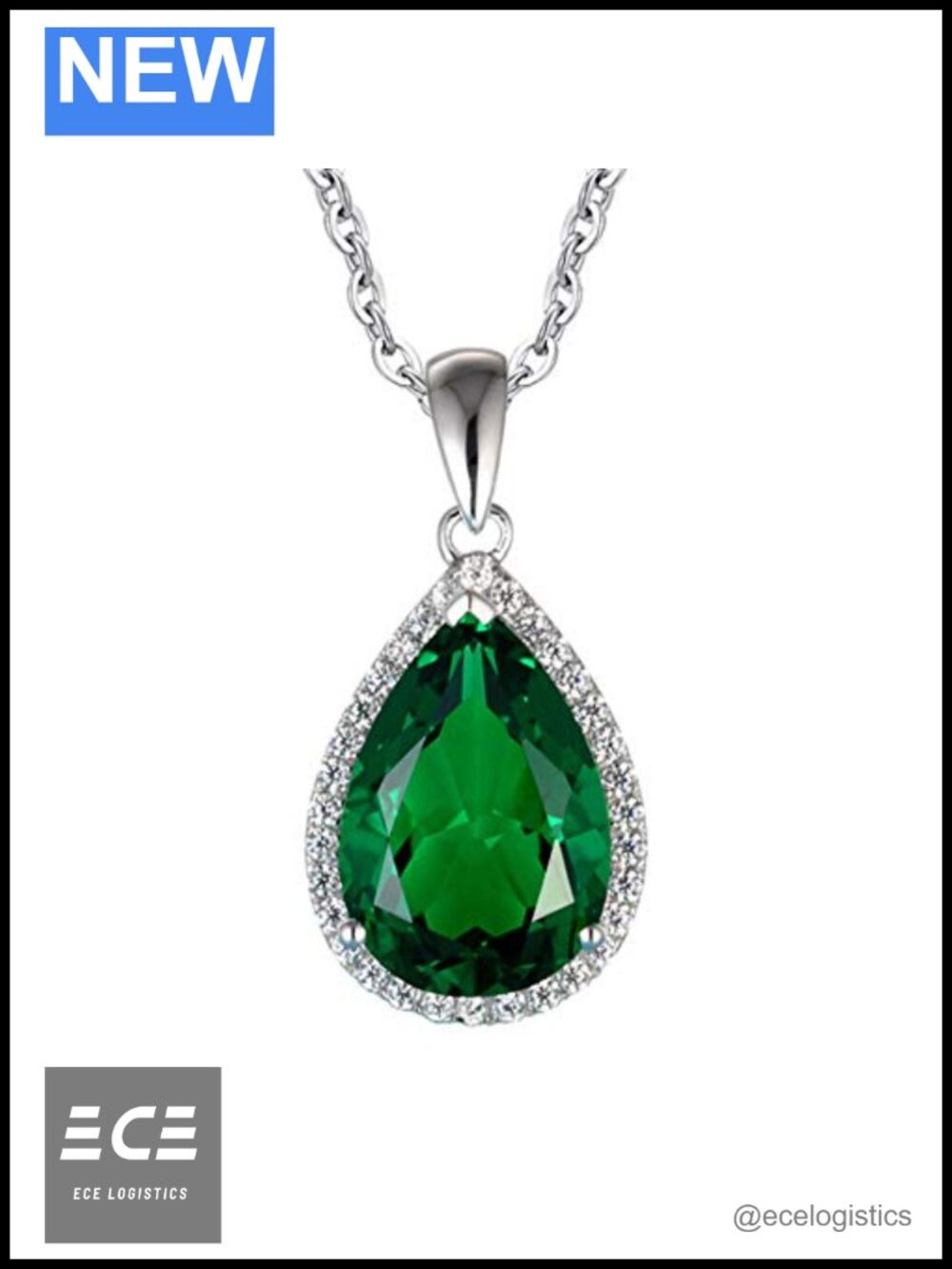 925 Sterling Silver Pear Shaped Pendant Necklace White Gold Plated 18"